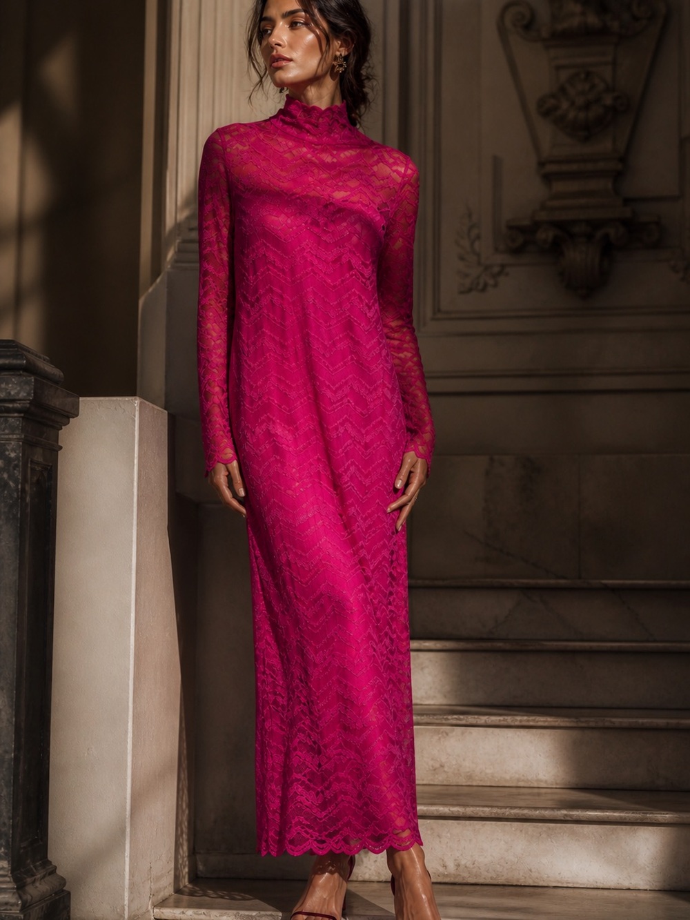 Steve Madden Fuchsia Lace Midi Dress Size L High Neck Elegant Glam Chic